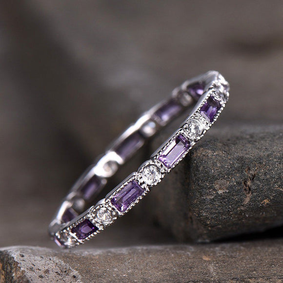 1ct Baguette Cut Purple Amethyst Eternity Wedding Band Ring 14k WhiteGold Finish