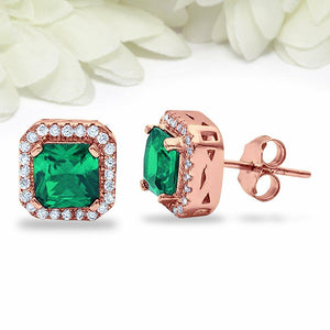 4Ct Cushion Cut Green Emerald Diamond Halo Stud Earrings 14K Rose Gold Finish