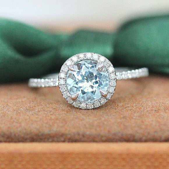 2.9Ct Round Cut Blue Aquamarine Diamond Halo Engagement Ring 14K White Gold Over