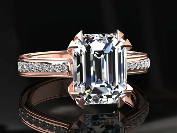 2ct Emerald Cut Diamond Engagement Ring Solitaire with Accent 14k Rose Gold Over