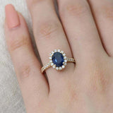 2ct Oval Cut Blue Sapphire Engagement Ring Round Accent Halo 14k YellowGold Over