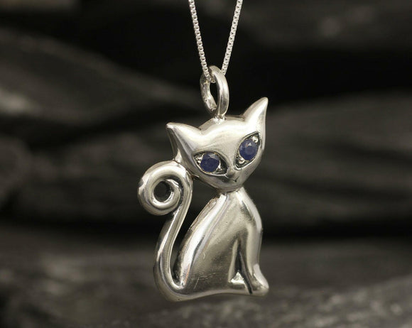 0.5ct Blue Sapphire Pendant Round Cut Cat Kitten 14k White Gold Finish NO CHAIN