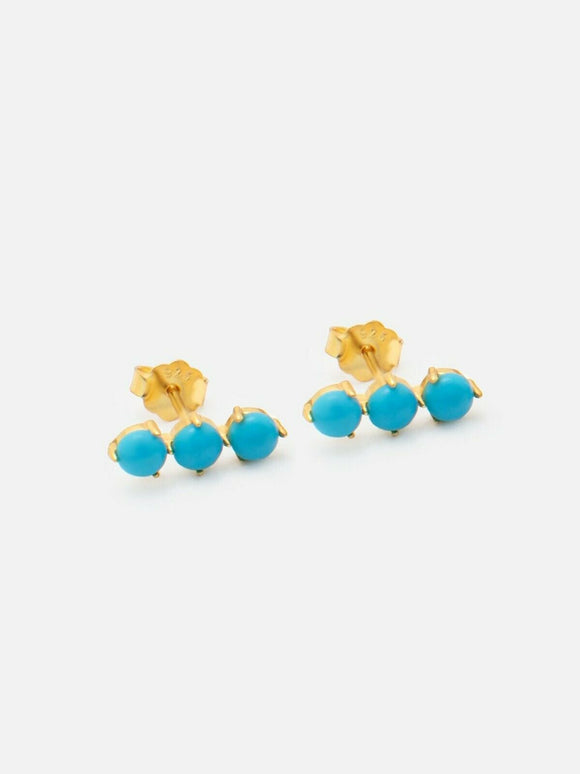 1ct Stud Earrings Round Cut Turquoise Trilogy Minimalist 14k Yellow Gold Finish