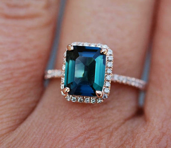 2.5ct Engagement Ring Emerald Cut London Blue Topaz Halo 14k Rose Gold Finish