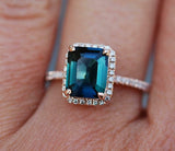 2.5ct Engagement Ring Emerald Cut London Blue Topaz Halo 14k Rose Gold Finish