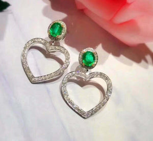 1.5ct Drop Earrings Round Cut Green Emerald Stylish Heart 14k White Gold Finish