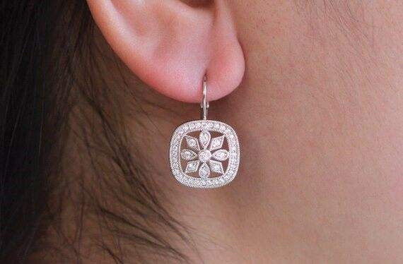 Art Deco Halo Hoop Earrings 1ct Round Cut VVS1D Diamond 14k White Gold Finish