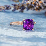 1ct Cushion Cut Purple Amethyst Solitaire Engagement Ring 14k Rose Gold Finish