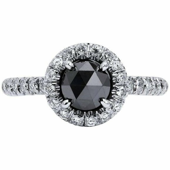 1.3ct Round Cut Black Diamond Engagement Ring Halo Solitaire 14k White Gold Over