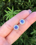 2Ct Round Cut Blue Tanzanite Diamond Halo Stud Earrings 14K White Gold Finish