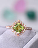 3Ct Asscher Cut Peridot Diamond Halo Accents Vintage Ring 14K Rose Gold Finish