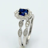 2.3ct Cushion Cut Blue Sapphire Engagement Ring Bridal Set 14k White Gold Finish