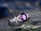 3ct Oval Cut Purple Amethyst Engagement Ring Butterfly Flower 14k WhiteGold Over