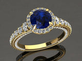 3ct Round Blue Sapphire Milgrain Accent Diamond Halo Ring 14k Yellow Gold Finish