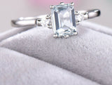 3Ct Emerald Cut Blue Aquamarine Engagement Ring 14K White Gold Over Round Accent