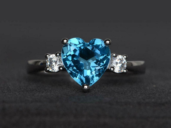 1.4ct Engagement Ring Heart Cut Blue Topaz Three Stone 14k White Gold Finish