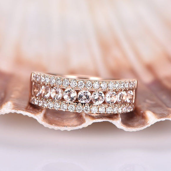 2ct Round Cut Peach Morganite Half Eternity Wedding Band Ring 14k Rose Gold Over