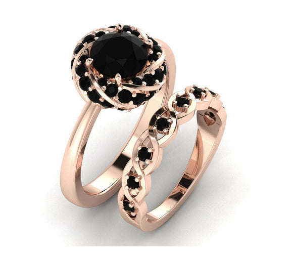 Bridal Set Band Engagement Ring 2ct Round Cut Black Diamond 14k Rose Gold Finish