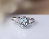 1.5ct Oval Blue Aquamarine Engagement Ring Split Shank Halo 14k White Gold Over