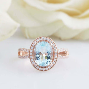 2.5ct Oval Cut Blue Aquamarine Ring Diamond Halo Split Shank 14k RoseGold Finish