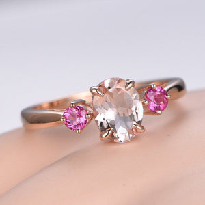 1.2ct Oval Cut Peach Morganite Three Stone Engagement Ring 14k Rose Gold Finish