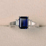 2ct Emerald Cut Blue Sapphire Baguette Accent Trilogy Ring 14k White Gold Finish