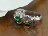 1ct Heart Cut Green Emerald Engagement Ring Claddagh Irish 14k White Gold Over