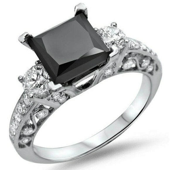 3Ct Princess Cut Black Diamond Filigree Vintage Solitaire 14K White Gold Over