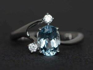 1.7ct Oval Blue Aquamarine Engagement Ring 14k White Gold Finish Unique Trilogy