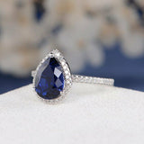 1ct Pear Cut Blue Sapphire Engagement Ring 14k White Gold Finish Halo Promise