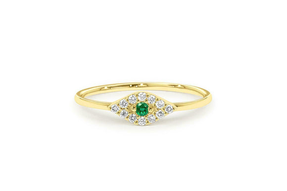 0.65ct Round Cut Green Emerald Evil Eye Engagement Ring 14k Yellow Gold Finish