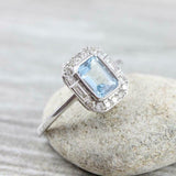 1ct Emerald Cut Blue Aquamarine Diamond Halo Engagement Ring 14k White Gold Over