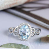 2.3ct Oval Cut Blue Aquamarine Engagement Ring Diamond Halo 14k White Gold Over