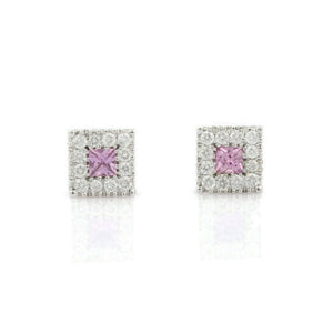 2ct Stud Earrings Princess Cut Pink Sapphire Diamond Halo 14k White Gold Finish