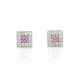 2ct Stud Earrings Princess Cut Pink Sapphire Diamond Halo 14k White Gold Finish