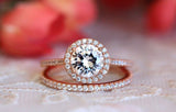 Halo Bridal Set Engagement Ring 1.5ct Round Cut Diamond 14k Rose Gold Finish