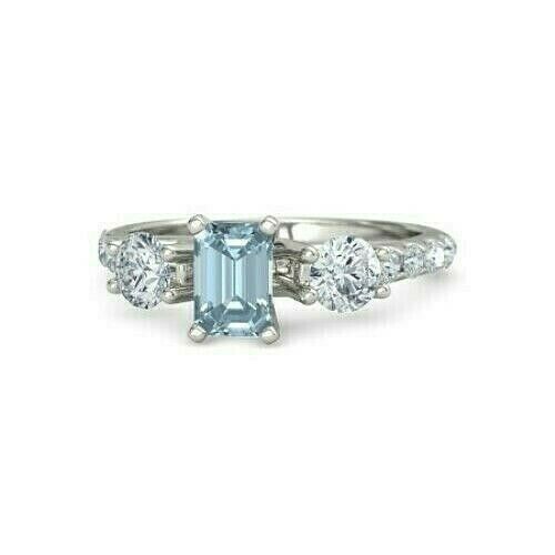 1Ct Emerald Blue Aquamarine Diamond Accents Solitaire Ring 14K White Gold Finish