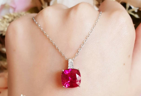 2ct Cushion Cut Pink Ruby Solitaire Pendant with Chain 14k White Gold Finish