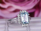 2.2ct Emerald Blue Aquamarine Engagement Ring Split Band Halo 14k WhiteGold Over