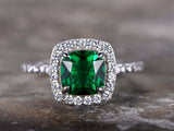 1ct Cushion Cut Green Emerald Solitaire Engagement Ring 14k White Gold Finish