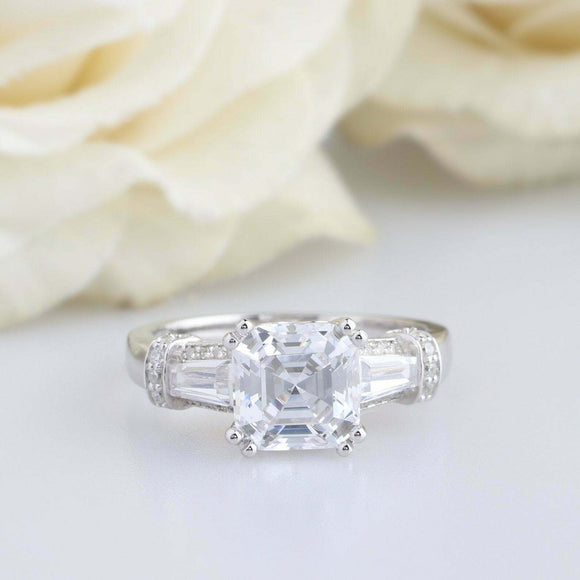 2ct Asscher Cut Diamond Tapered Baguette Accent Ring Trilogy 14k White Gold Over