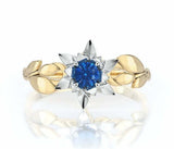 1ct Round Cut Blue Sapphire Floral Leaves Solitaire Ring 14k Dual Gold Finish