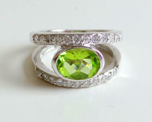 2.5ct Oval Cut Green Peridot Dual Shank Solitaire Accent Ring 14k WhiteGold Over