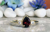 1.3ct Engagement Ring Pear Cut Red Garnet Three Stone 14k Yellow Gold Finish