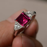 2ct Asscher Cut Pink Ruby Trilogy Wedding Engagement Ring 14k White Gold Finish