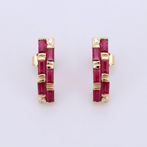 2ct Drop Earrings Baguette Cut Pink Ruby Vertical Bar 14k Yellow Gold Finish