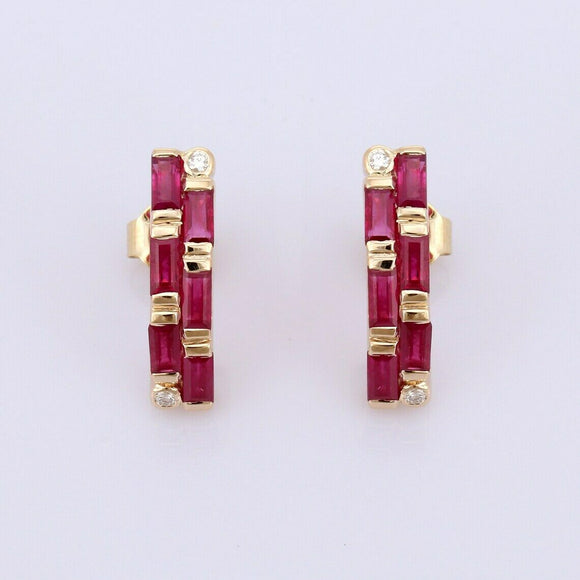 2ct Drop Earrings Baguette Cut Pink Ruby Vertical Bar 14k Yellow Gold Finish