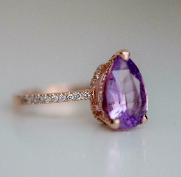 1.6ct Pear Cut Purple Amethyst Diamond Round Accent Ring 14k Rose Gold Finish