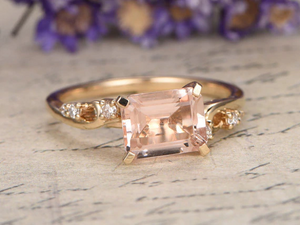 1.7ct Emerald Cut Peach Morganite Engagement Ring East West 14k Yellow Gold Over