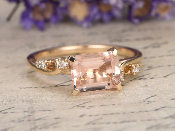 1.7ct Emerald Cut Peach Morganite Engagement Ring East West 14k Yellow Gold Over